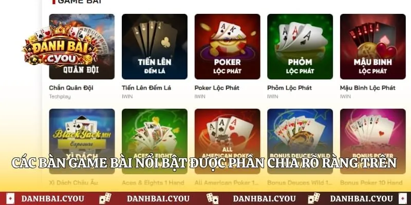 Các bàn game bài nổi bật được phân chia rõ ràng trên Red88